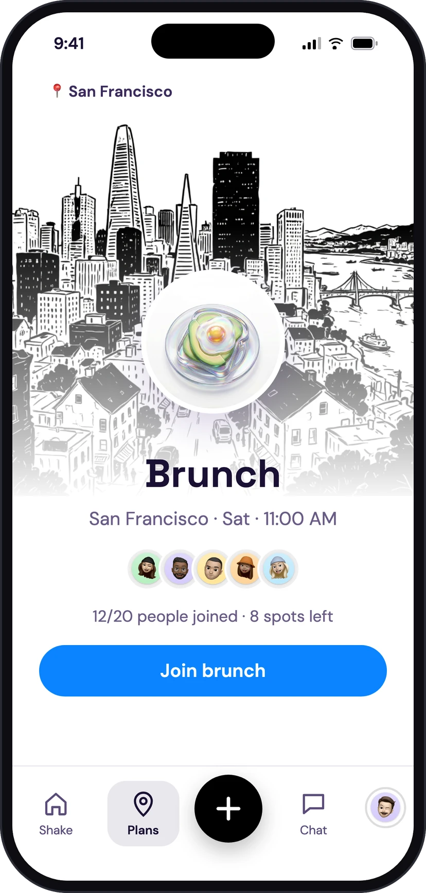 San Francisco brunch card with a hand-drawn skyline
